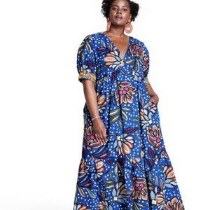 Tabitha Brown Mixed Floral/Polka Dot Print Puff Sleeve Midi Dress  Sz 4X-28/30